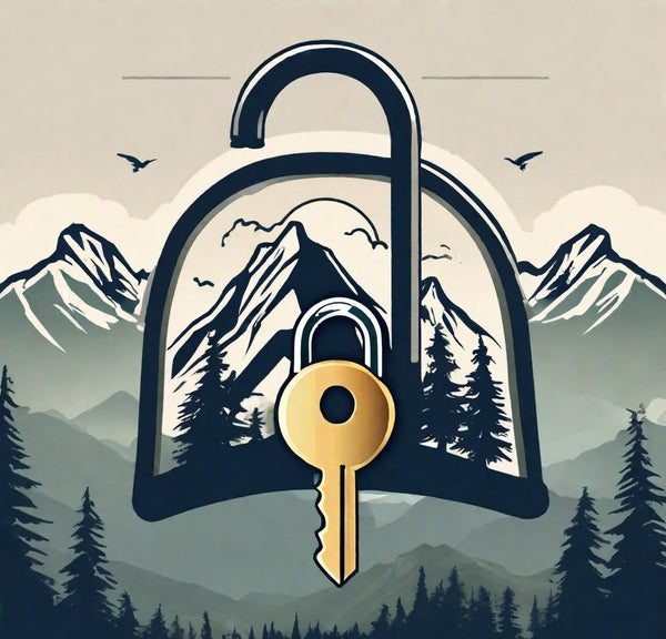 A logo of a mountain surrounded by an unlocked lock and key with trees, birds, and mountains